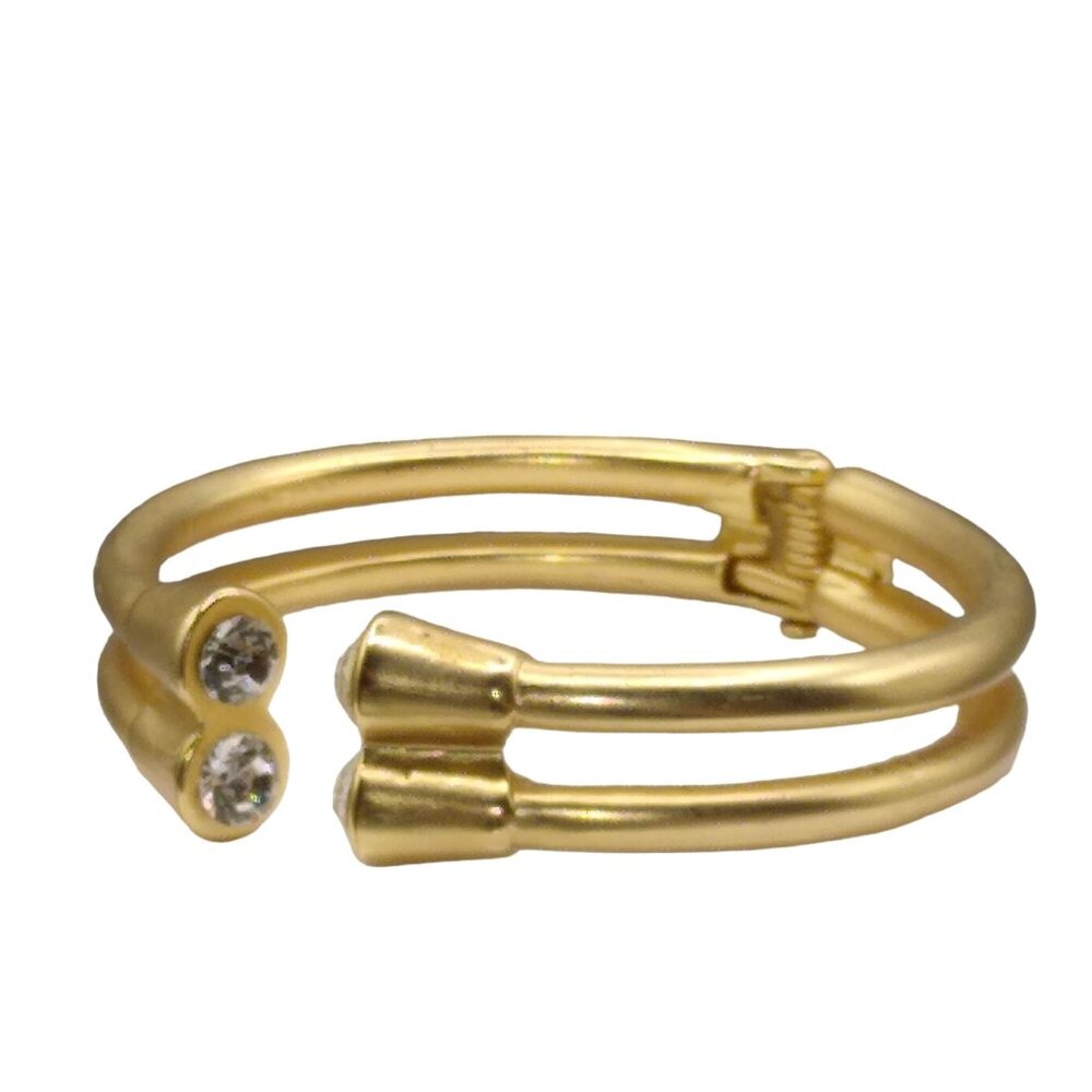 Vintage Gold Tone Hinged Cuff Bracelet, Double Band with Crystal Ends Clamper